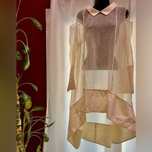 SHEER Womens CREME  Hi-lo Hem Long Sleeve OVERLAY Dress Large